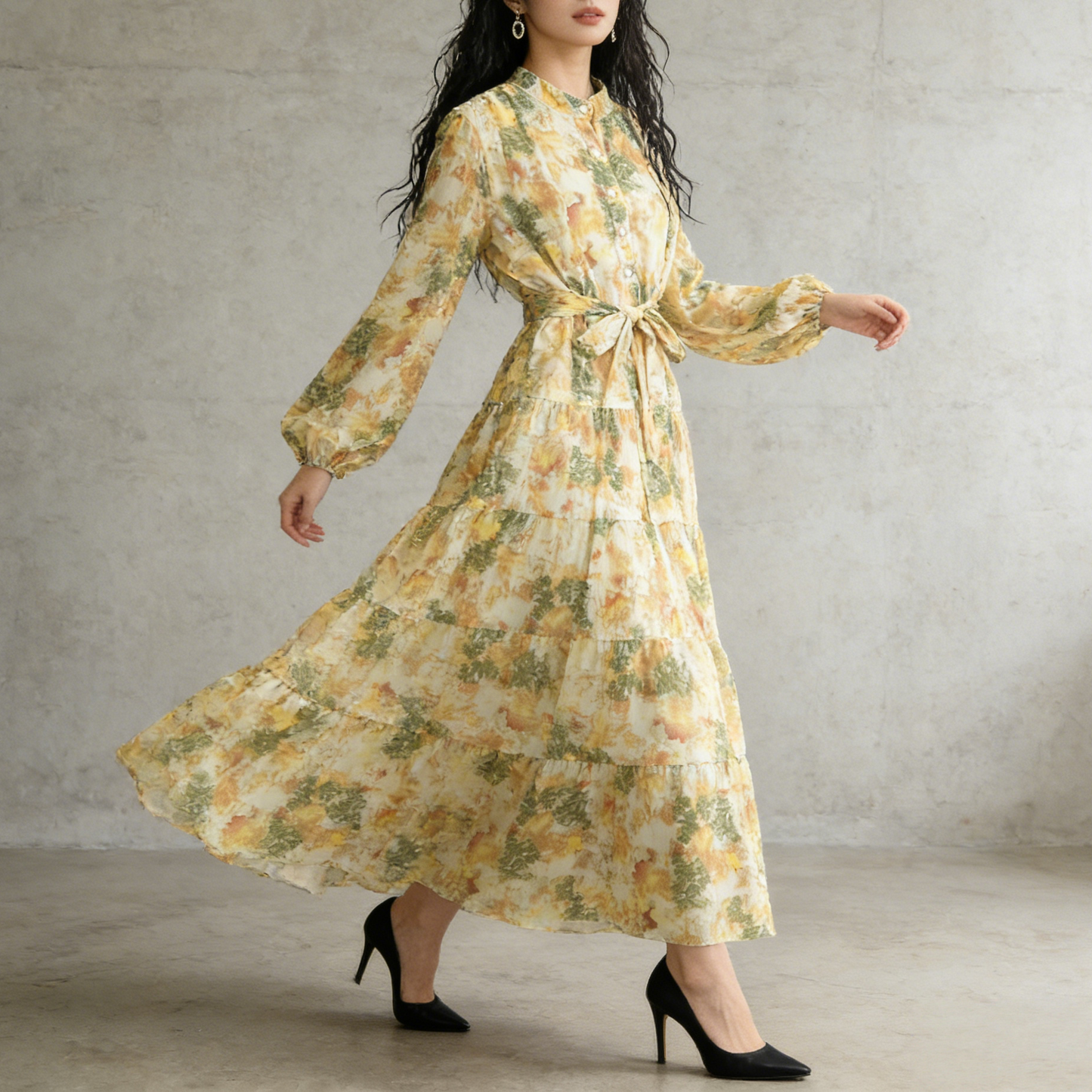 【ワンピース】シフォン フェミニン ウエスト切り替え 長袖 ワンピース【SHシリーズ】