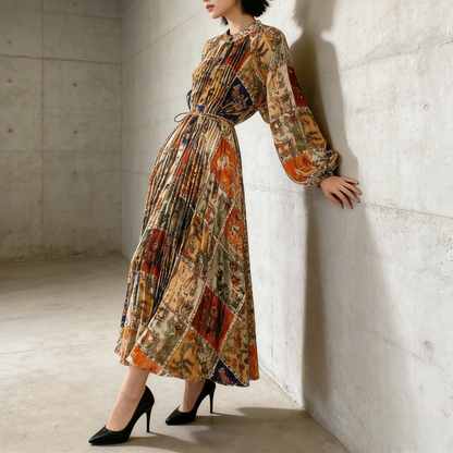 【ワンピース】ラウンドネック サテン プリント プリーツ 長袖 ワンピース 【SHシリーズ】