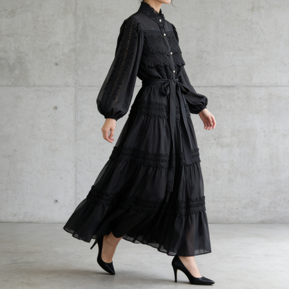 【ワンピース】フレンチヴィンテージ レース切替 スタンドカラー ウエストマーク フレア 長袖ワンピース【JZシリーズ】