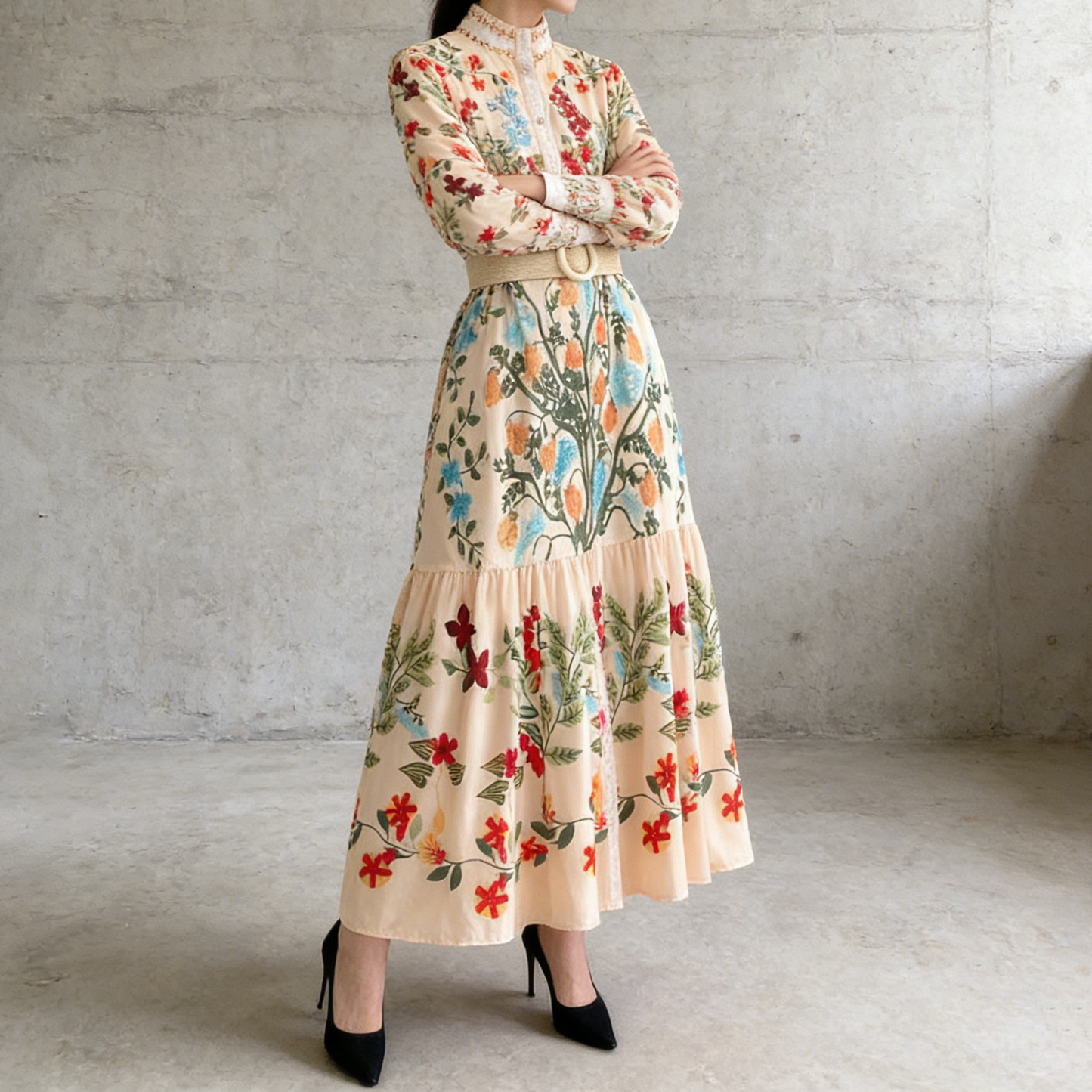 【ワンピース】欧米レトロ 花柄 ウエストリボン 長袖 フリル Aライン ワンピース【SHシリーズ】