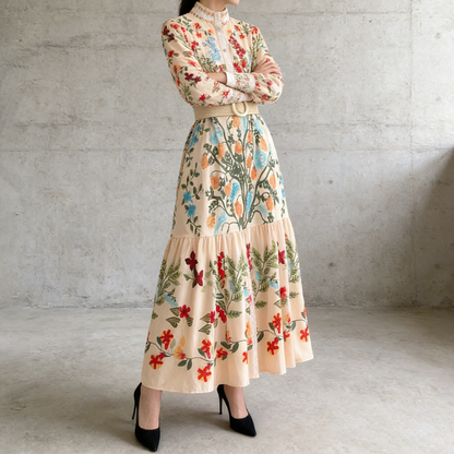 【ワンピース】欧米レトロ 花柄 ウエストリボン 長袖 フリル Aライン ワンピース【SHシリーズ】