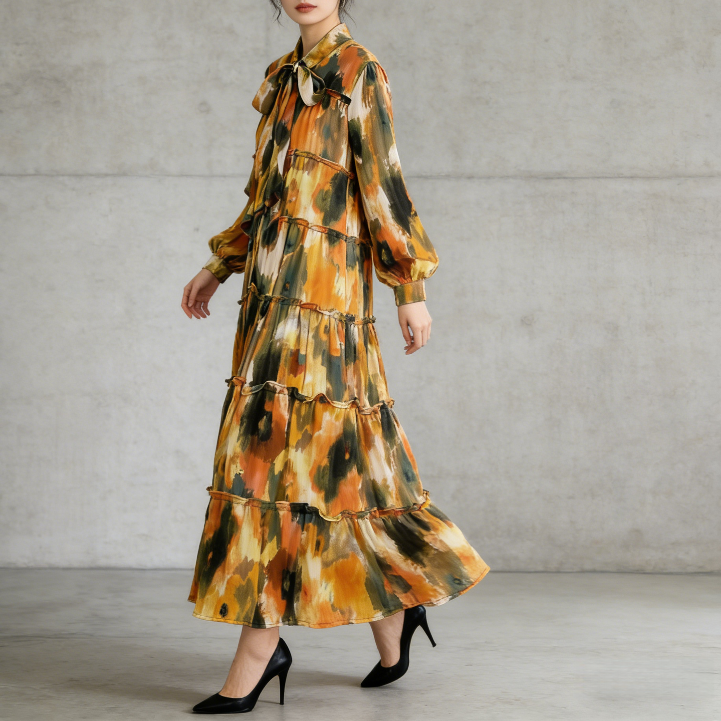 【ワンピース】プリントVネック お腹周りカバー フリル 長袖 ワンピース 【SHシリーズ】