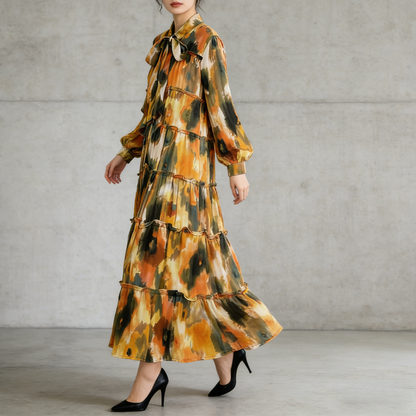 【ワンピース】プリントVネック お腹周りカバー フリル 長袖 ワンピース 【SHシリーズ】