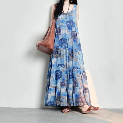 期間限定⭐️60%OFF【ワンピース】コットンリネン 抽象柄プリント ゆったりした ノースリーブワンピース 【SHシリーズ】
