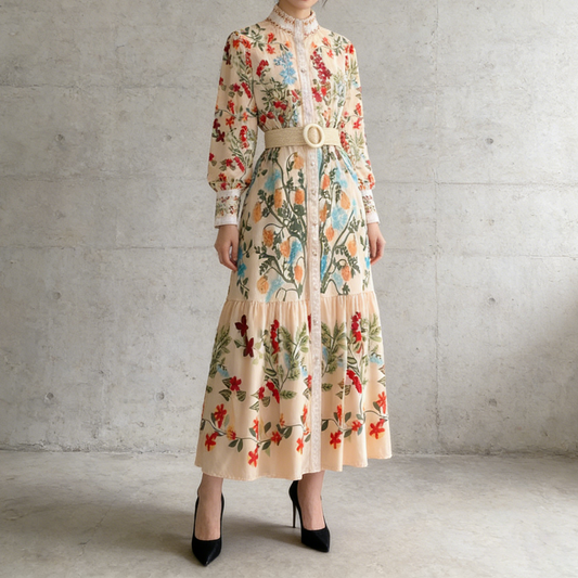 【ワンピース】欧米レトロ 花柄 ウエストリボン 長袖 フリル Aライン ワンピース【SHシリーズ】