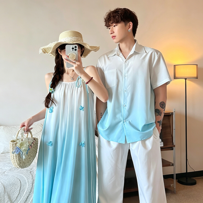 💕カップルコーデ【ワンピース】 海辺風 2026夏 キャミワンピース レディース フレンチ ノースリーブワンピース＆シャツ INS風 ペアルック【SHシリーズ】