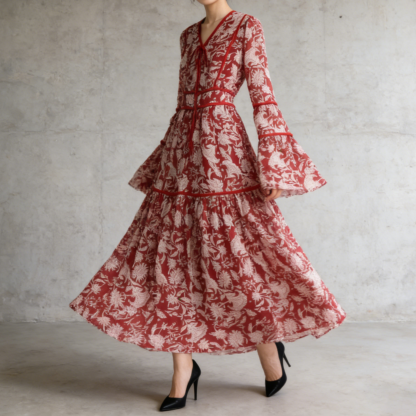 【ワンピース】大人エレガント♡フレンチレトロ 長袖 フリルワンピース｜ウエストマークで細見え【SHシリーズ】