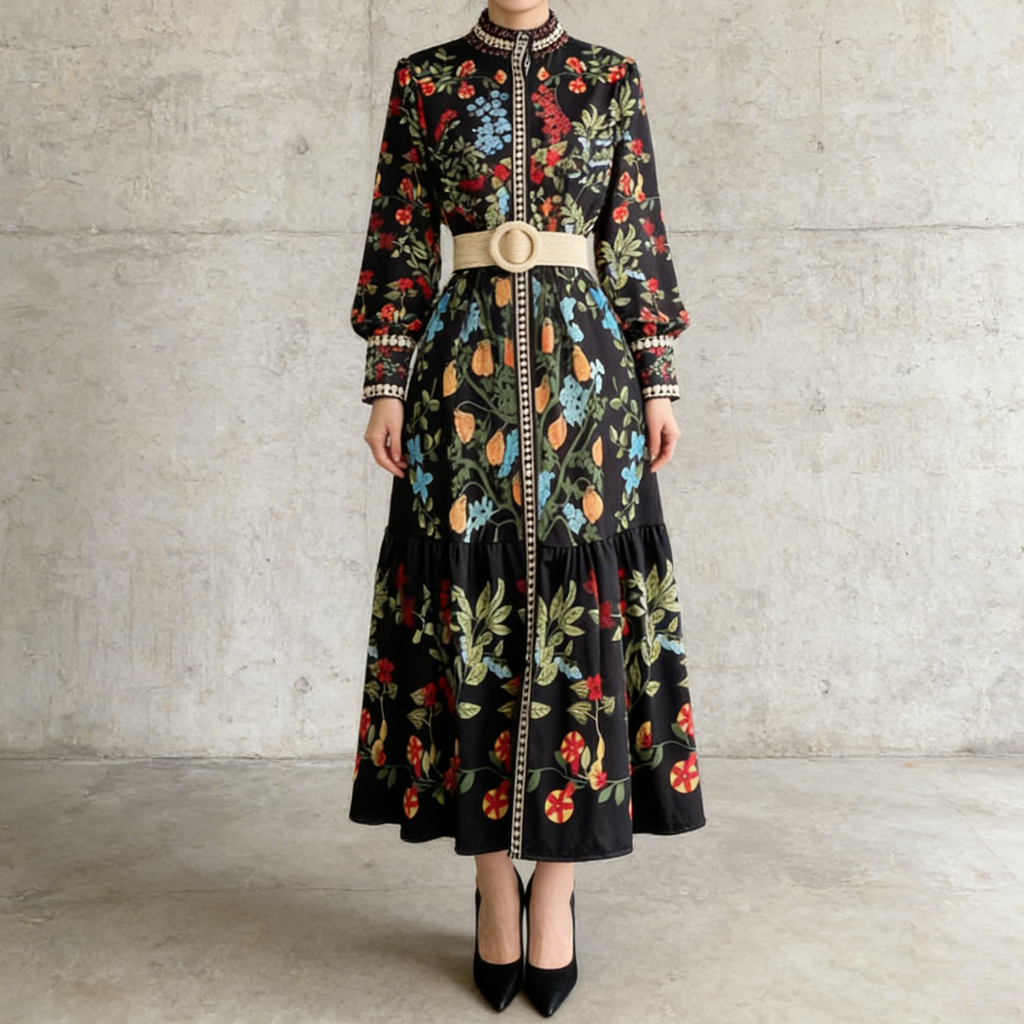 【ワンピース】欧米レトロ 花柄 ウエストリボン 長袖 フリル Aライン ワンピース【SHシリーズ】