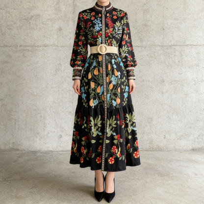 【ワンピース】欧米レトロ 花柄 ウエストリボン 長袖 フリル Aライン ワンピース【SHシリーズ】