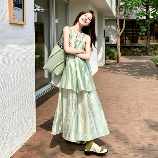 【ワンピース】タイダイ ホルターネック ワンピース レディース 夏 ゆったり ダブルレイヤー Aライン ノースリーブ ロングワンピース【SHシリーズ】