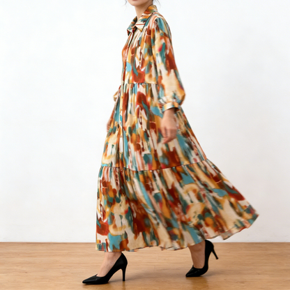 4カラー【ワンピース】個性派 グラデーション柄 長袖 ゆったりシルエット 体型カバー Aライン フレア シャツワンピース レディース ワンピース【SHシリーズ】