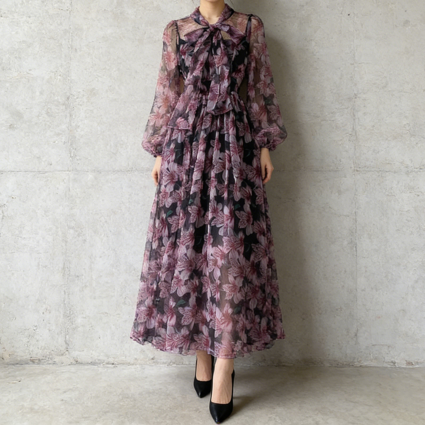 【ワンピース】花柄シリーズ シフォンワンピース 軽やか 薄手 ふんわりロング エレガント 大人可愛い 長袖 リゾートワンピ【SHシリーズ】