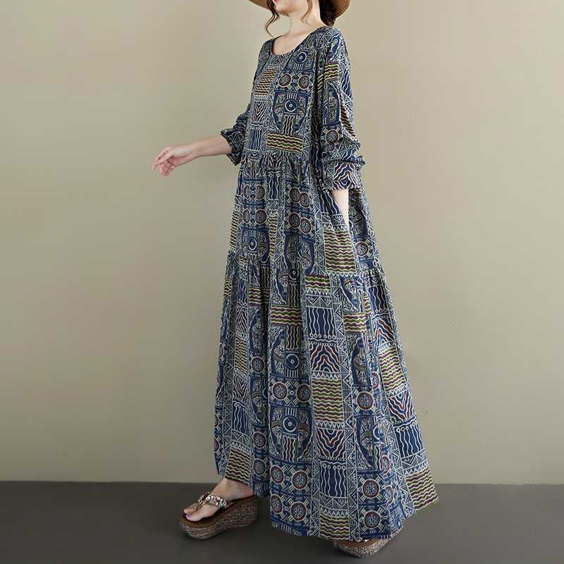 【ワンピース】秋新作ゆったり花柄ワンピース 大きめサイズ ファッション 長袖ドレス【SHシリーズ】