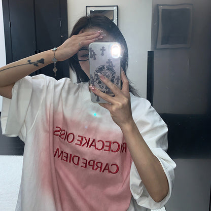 【トップス】ヴィンテージ風 立体刺繍 ダメージ加工 半袖Tシャツ 夏 ルーズ リラックス カジュアル【FCシリーズ】