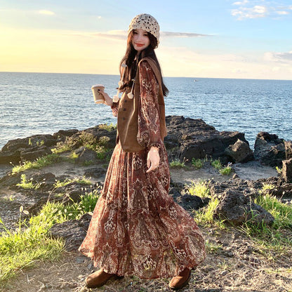 【ワンピース】ブラウン 花柄 長袖ワンピース ベスト付きセット レディース 2025秋新作 旅行 リゾート【SHシリーズ】