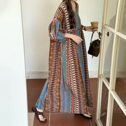 【ワンピース】ゆったり バルーンスリーブ エスニック風 半袖 ロングワンピース 大きいサイズ レディース【SHシリーズ】
