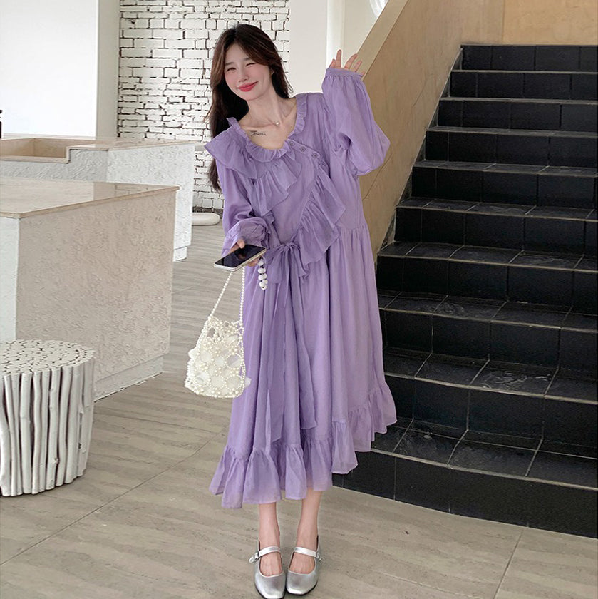 【ワンピース】パープル 超可愛い フリル 長袖ワンピース レディース 秋新作 デザイン感 優しい風 若見え ロングワンピ【JZシリーズ】