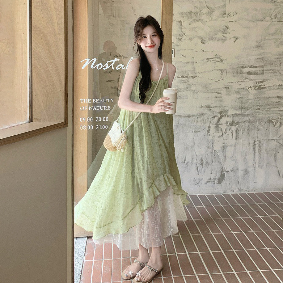 【ワンピース】グリーン ダブルレイヤー 小花柄 キャミワンピース 夏 レディース フェミニン リゾートワンピ【SHシリーズ】
