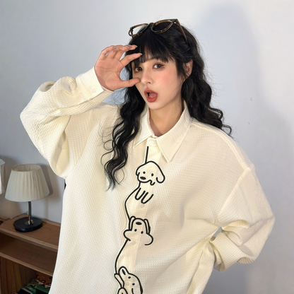 【🐶木登りわんちゃん】【トップス】 刺繍 ワッフル生地 男女兼用 長袖 シャツ 【FCシリーズ】