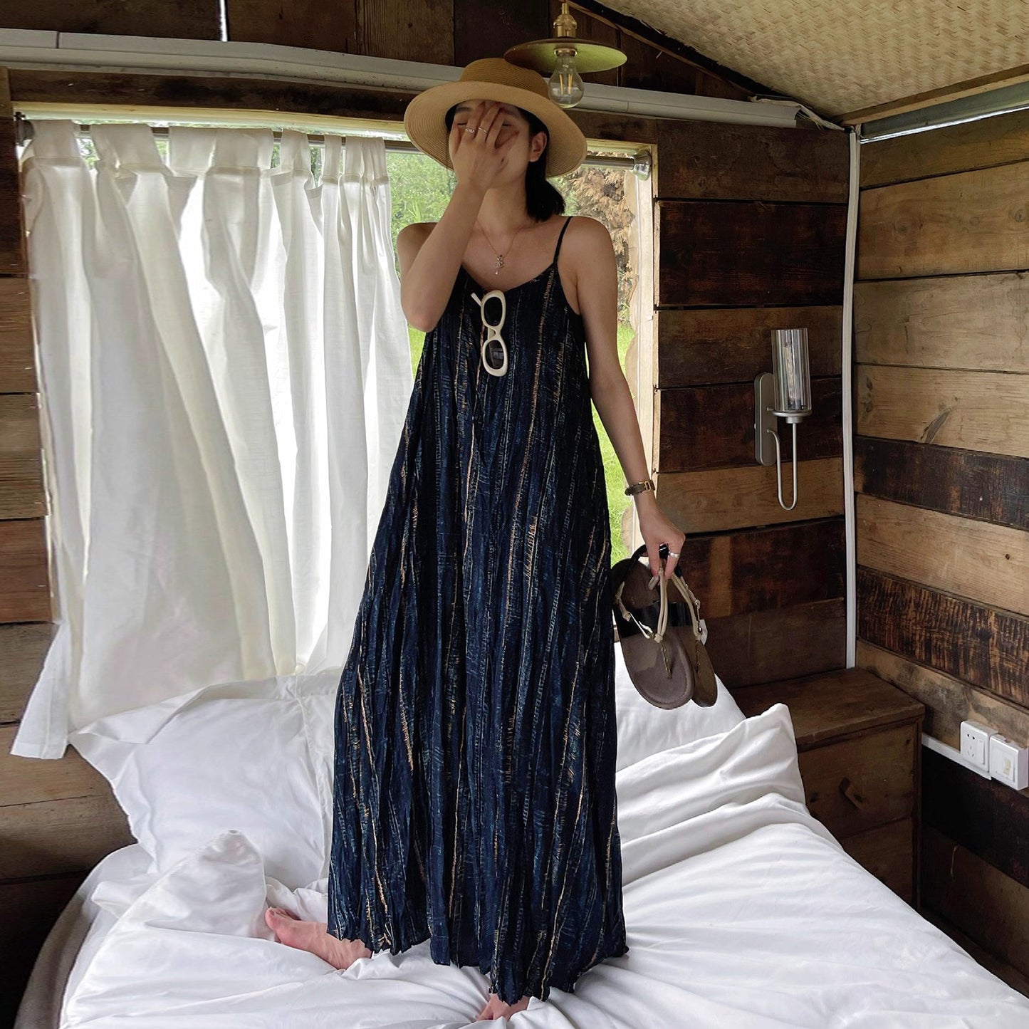 【ワンピース】レトロ シフォンワンピース 夏 ノースリーブ ドレープ感  ゆったり 着痩せ リゾートドレス【SHシリーズ】