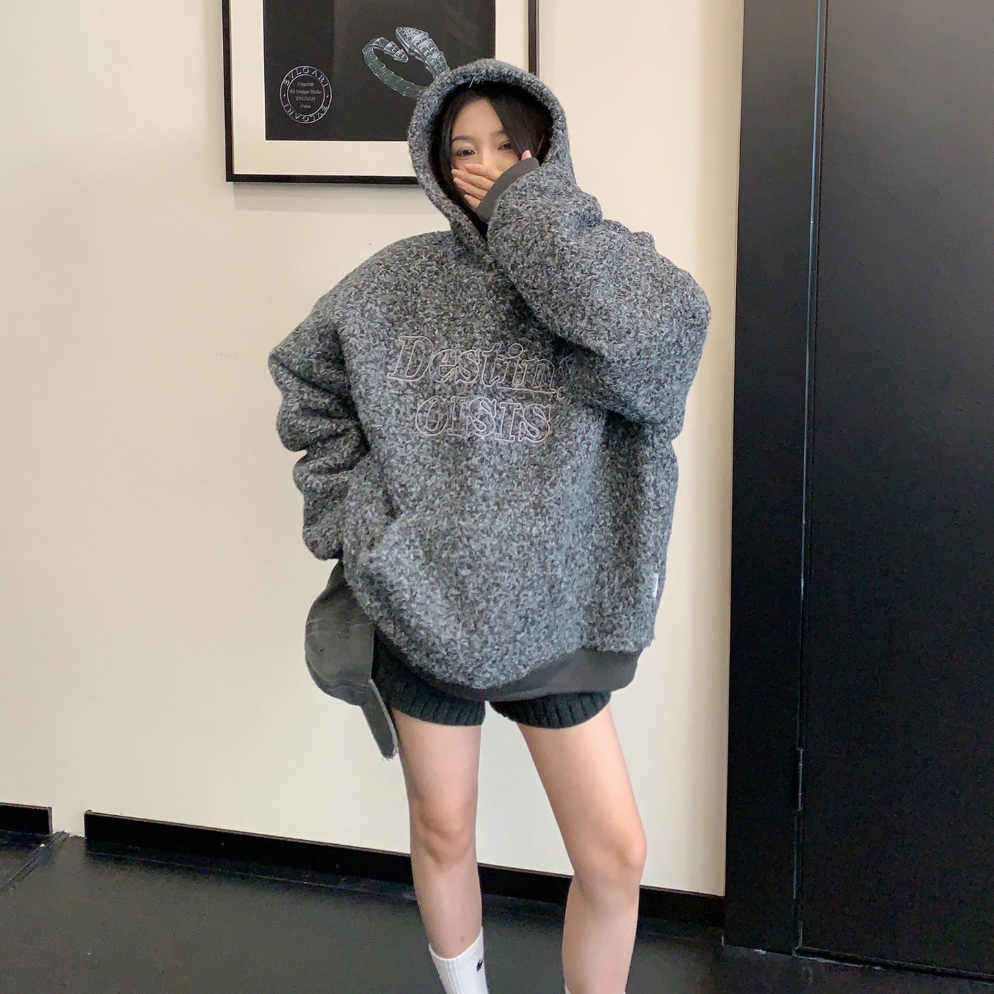 【トップス】レトロ風 ツイード風 オーバー 中綿ジャケット レディース フード付き 冬新作 パーカー【FCシリーズ】【18~25日発送】