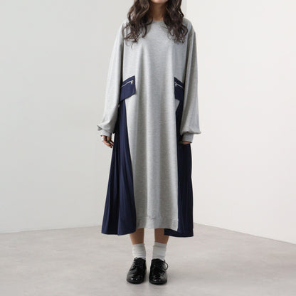 【24AW】【ワンピース】レトロ ラウンドネック 配色 ルーズ  切り替え 長袖ワンピース