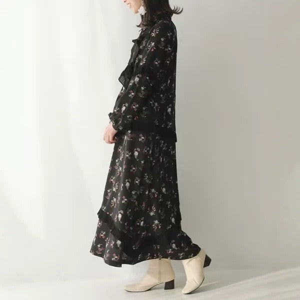 【ワンピース】フレンチ花柄ロングワンピース レディース 長袖 ギャザーデザイン ナチュラル フェミニン【SHシリーズ】