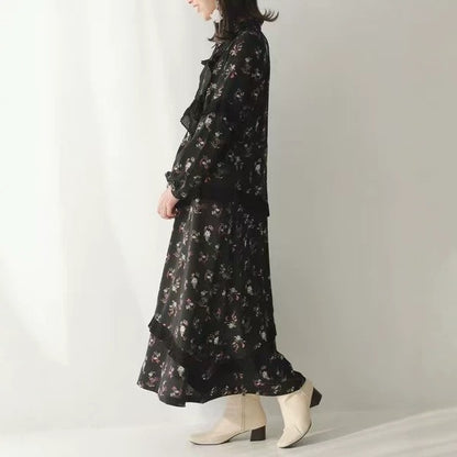 【ワンピース】フレンチ花柄ロングワンピース レディース 長袖 ギャザーデザイン ナチュラル フェミニン【SHシリーズ】