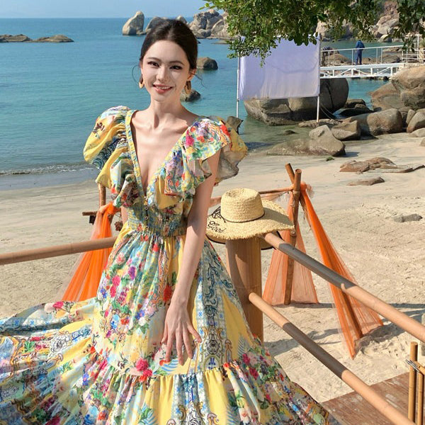【ワンピース】リゾート風 アートプリントワンピース レディース 夏 Vネック ロング丈 ビーチワンピース ゆったり ノースリーブ シルエット【SHシリーズ】