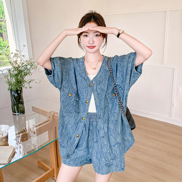 2点セット【セットアップ】ジャカードデニムセットアップ 薄手＆高見え 若見えショートパンツ上下セット【JZシリーズ】【SHシリーズ】