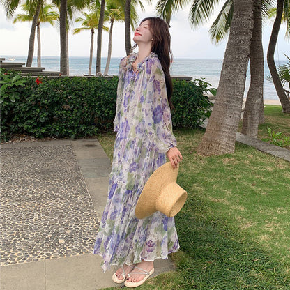 【ワンピース】ビーチ バカンス風 風油絵 小花柄 ワンピース 春夏 フレンチ 柔らかい雰囲気 長袖 日焼け防止 ドレス【SHシリーズ】