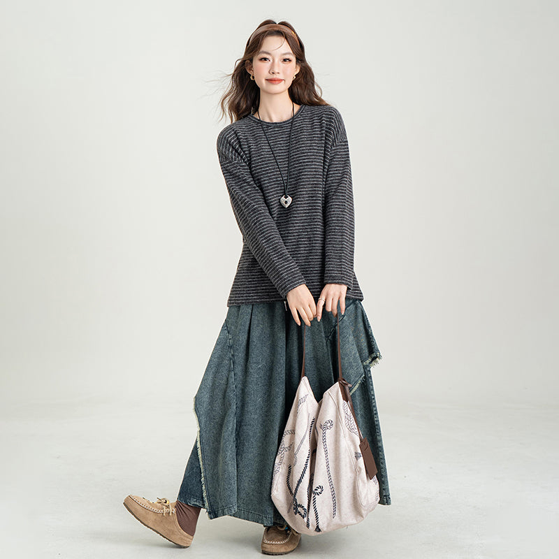【ボトムス】レトロ デニムワイドパンツ レディース 秋冬新作 個性的な切替デザイン 体型カバー リラックスカジュアル【JZシリーズ】