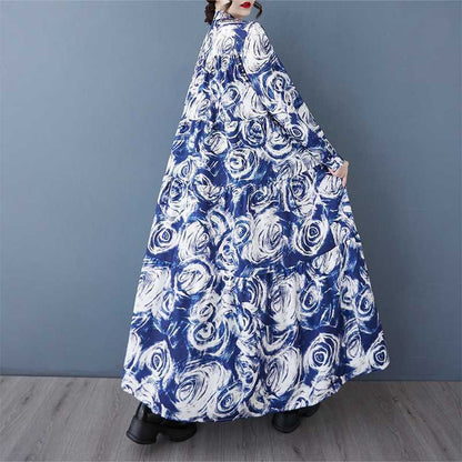 【ワンピース】韓国風 春秋新作 ゆったり大きめサイズ 体型カバー 花柄長袖ミディアムワンピース【SHシリーズ】