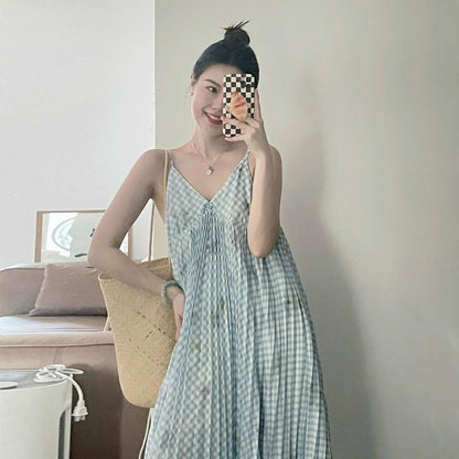 【ワンピース】フレンチ レトロ ノースリーブワンピース｜キャミソール ロング丈 海辺 リゾート ビーチ 映えドレス｜上品 高級感【SHシリーズ】