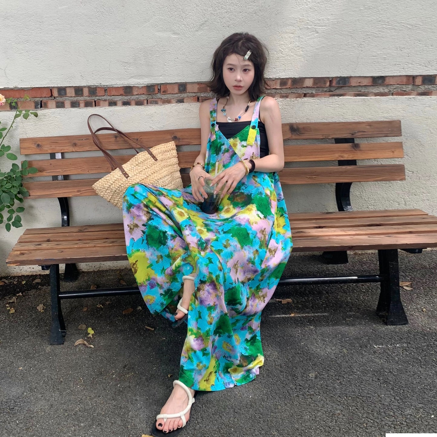 【ボトムス】夏新作 清涼感Vネック ゆったりワイドシルエット オールインワン【SHシリーズ】