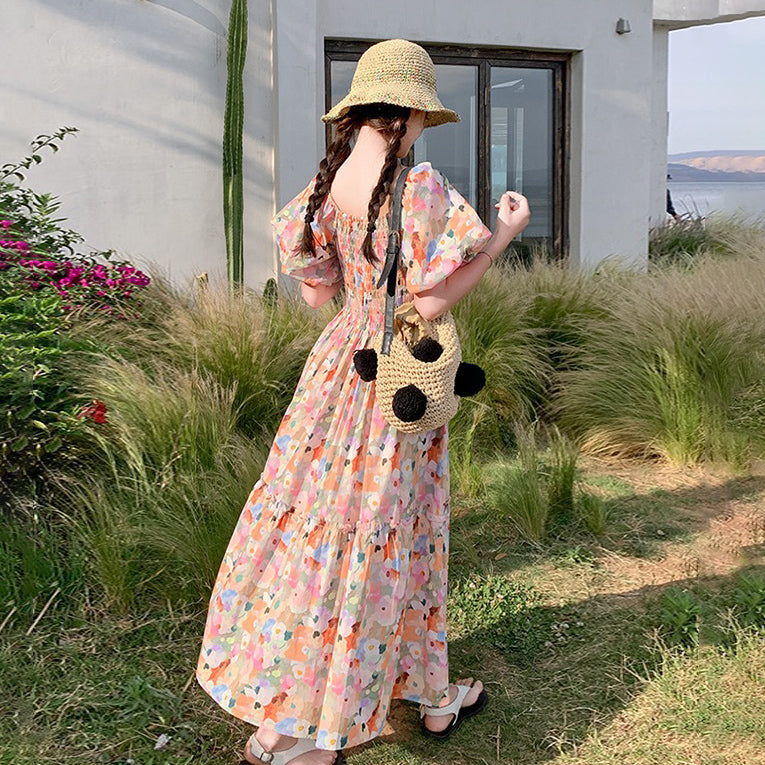 【ワンピース】ピンクプリント パフスリーブ 夏 カントリー風 半袖ワンピース【SHシリーズ】