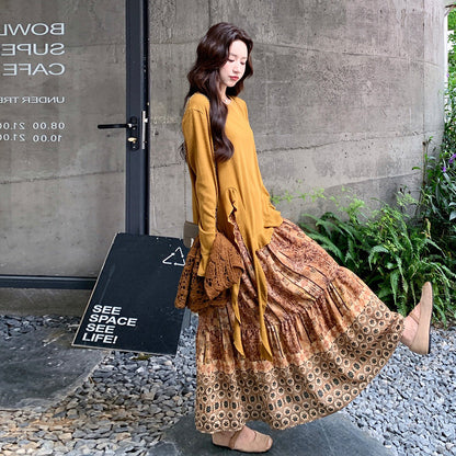 3点セット！【セットアップ】不規則デザインニット＆透かし編みベスト＆花柄スカート 上下セット レディース 韓国風 大人可愛い 秋コーデ【SHシリーズ】