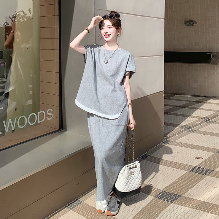 2点セット！【セットアップ】カジュアル 切り替え半袖スウェット＋スカート 上下セット レディース 夏 韓国風 ユニークで美しいコーデ【JZシリーズ】