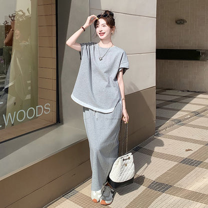 2点セット！【セットアップ】カジュアル 切り替え半袖スウェット＋スカート 上下セット レディース 夏 韓国風 ユニークで美しいコーデ【JZシリーズ】