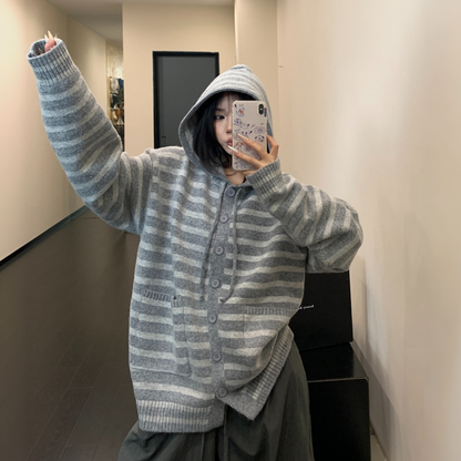 【アウター】リラックス感 厚手 ボーダー柄 フード付き ニット セーター ジャケット 【FCシリーズ】