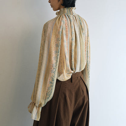 【トップス】新作 レディース ハイネック 花柄 シャーリング ブラウス フリル デザイン 春秋コーデ トレンド【SHシリーズ】