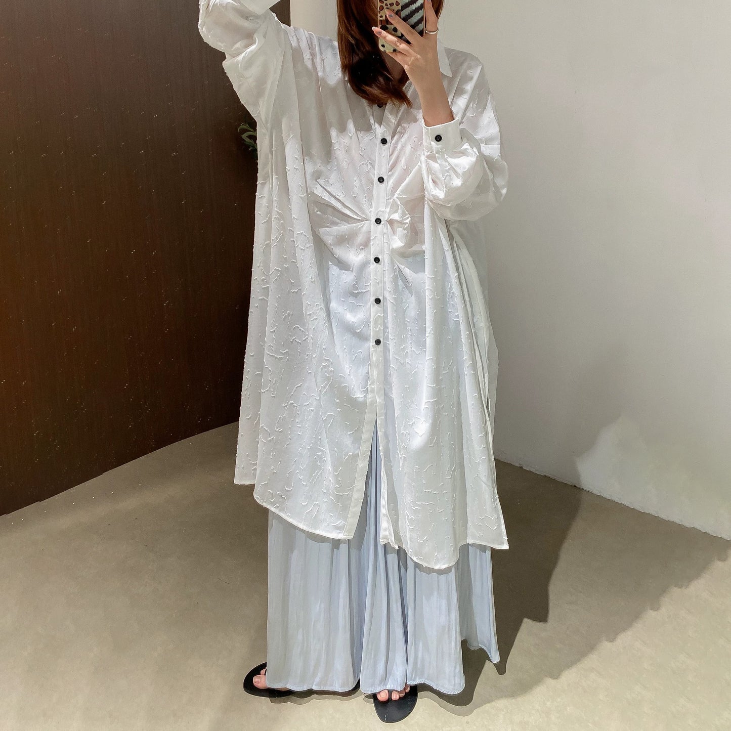 【ワンピース】文芸スタイル プリーツデザイン 立体花柄 長袖 薄手 UVカット シャツワンピース【JZシリーズ】