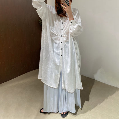 【ワンピース】文芸スタイル プリーツデザイン 立体花柄 長袖 薄手 UVカット シャツワンピース【JZシリーズ】