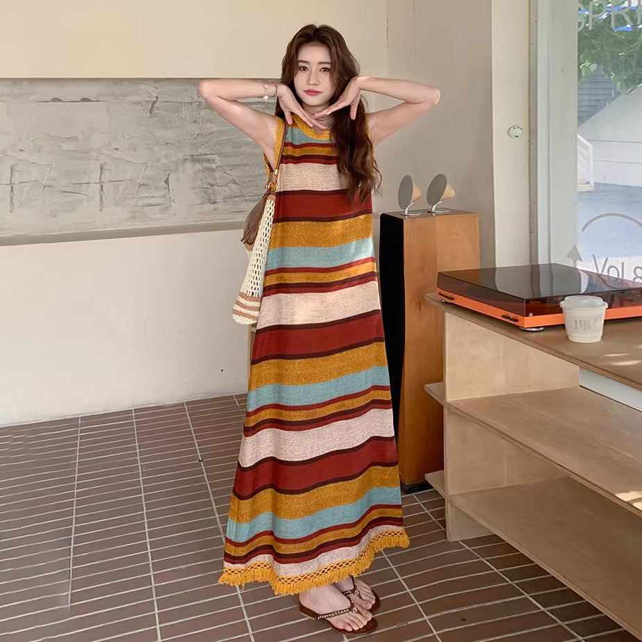 【ワンピース】韓国風ストライプ柄 ゆったりシルエット ドーパミン配色 ノースリーブワンピース【SHシリーズ】