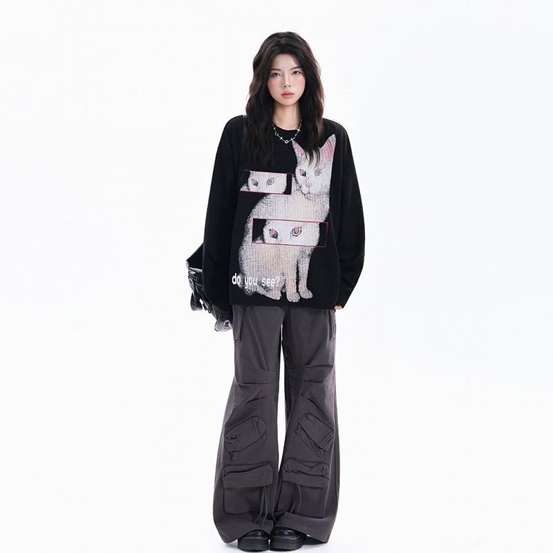 【トップス】猫柄 レディース クルーネック ストリート風 オーバーサイズ 長袖Tシャツ【FCシリーズ】
