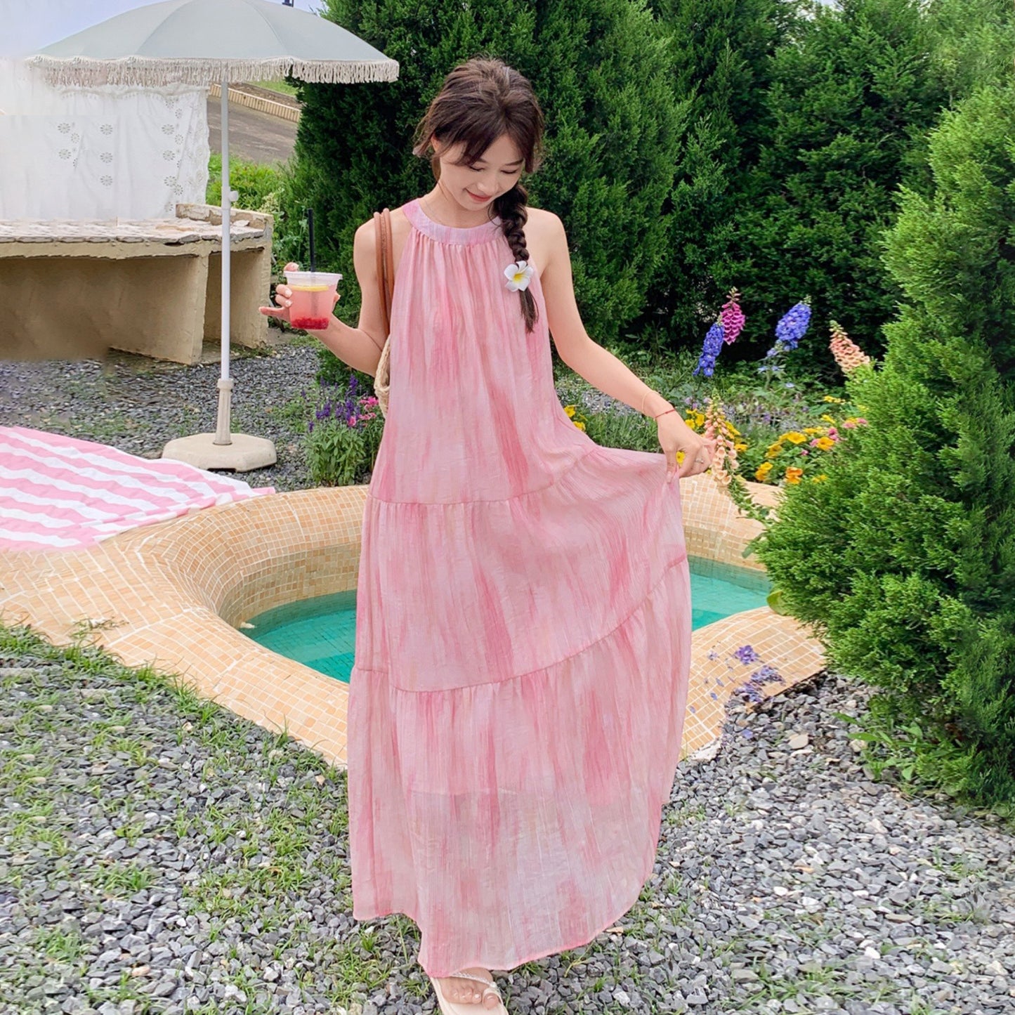 【ワンピース】夏 優しいフレンチ風 ゆったり グラデーション ノースリーブキャミソールワンピース【SHシリーズ】