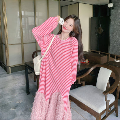 【ワンピース】カジュアル 若見え ストライプ マーメイドシルエット 着痩せ 長袖ワンピース【JZシリーズ】