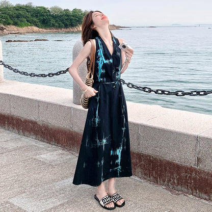 【ワンピース】夏新作 ブルータイダイ柄 ホルターネック ノースリーブワンピース エレガントリゾート風ロングドレス【SHシリーズ】