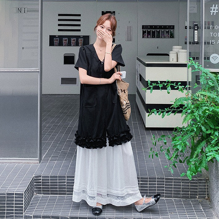 2点セット！【セットアップ】リラックス感  セットアップ フリル Vネックトップス＋ワイドパンツ 上下セット 気質よく細見えカジュアルスタイル【JZシリーズ】