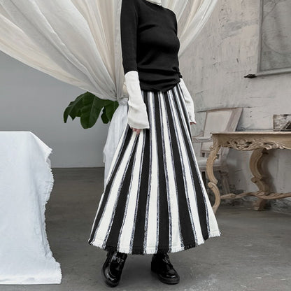 【ボトムス】配色ストライプ フリンジ ニット ワイド スカート 秋冬コーデしやすい Aライン ロングスカート【JZシリーズ】